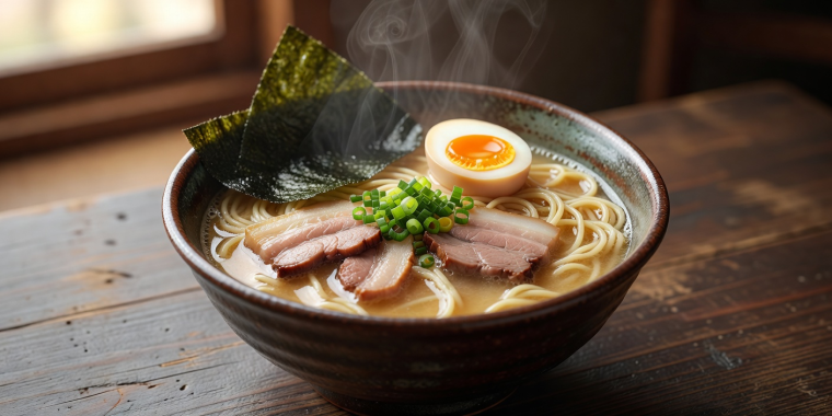 Authentic Japanese Ramen Bowl with Soft Boiled Egg and Nori