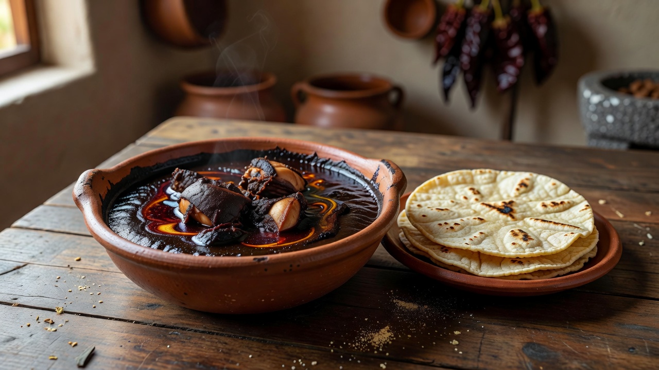 Authentic Oaxacan Mole Negro Dish Served with Hand Pressed Tortilla