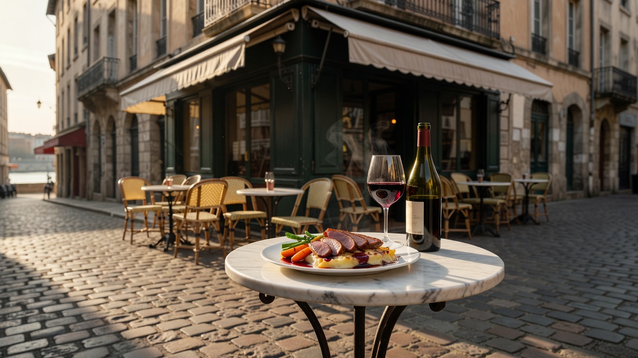 Classic French Bistro Setting with Wine and Gastronomic Entrée in Lyon