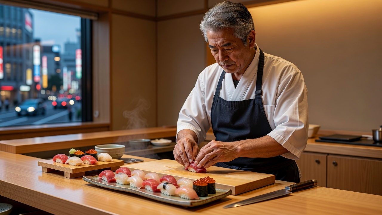 Master Chef Preparing Fresh Sushi at Ginza Counter in Tokyo