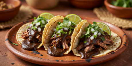 Oaxacan Tacos with Rich Mole Sauce and Fresh Garnishes