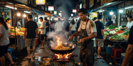 Sizzling Thai Street Food Wok Cooking in Bangkok Night Market
