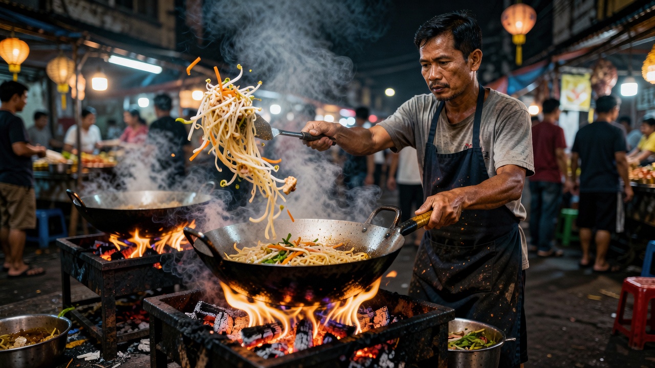Sizzling Thai Street Noodles Prepared in Wok Over Charcoal Flame