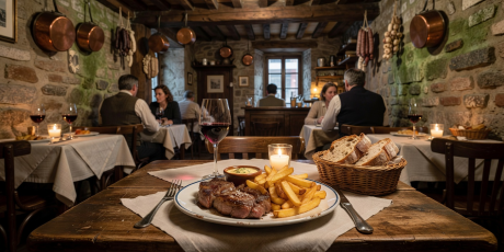 Traditional French Bouchon Bistro Steak and Wine Setting